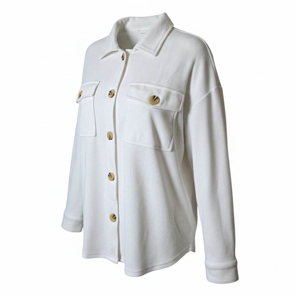 White Waffle Knit Shacket Womens Medium Button Front Lightweight Long Sleeve Top